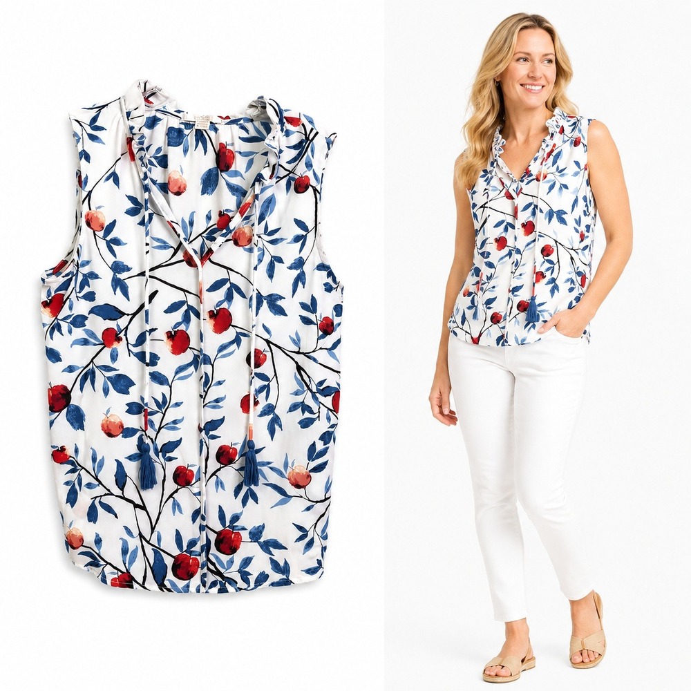 C & E Womens M Blue Floral Sleeveless Blouse Ruffle Collar V Neck Stretch Top